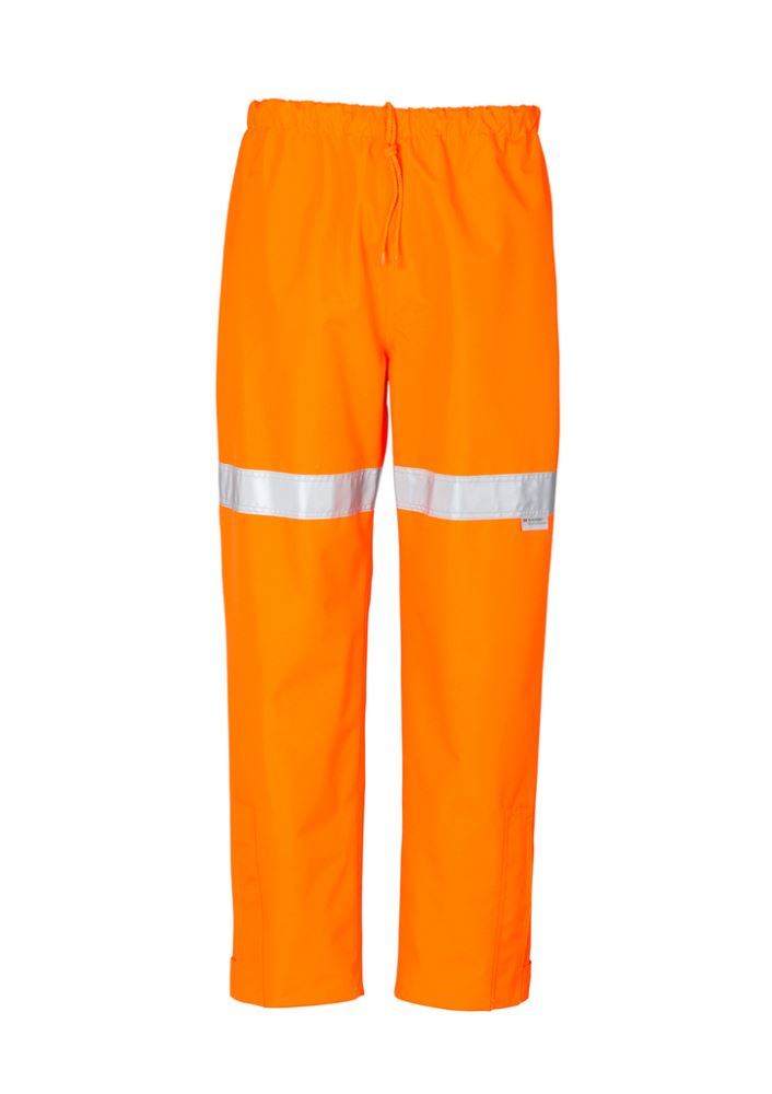 Mens Taped Storm Pant in vibrant orange, featuring waterproof fabric, elasticated waist, reflective tape, and ankle zip openings.