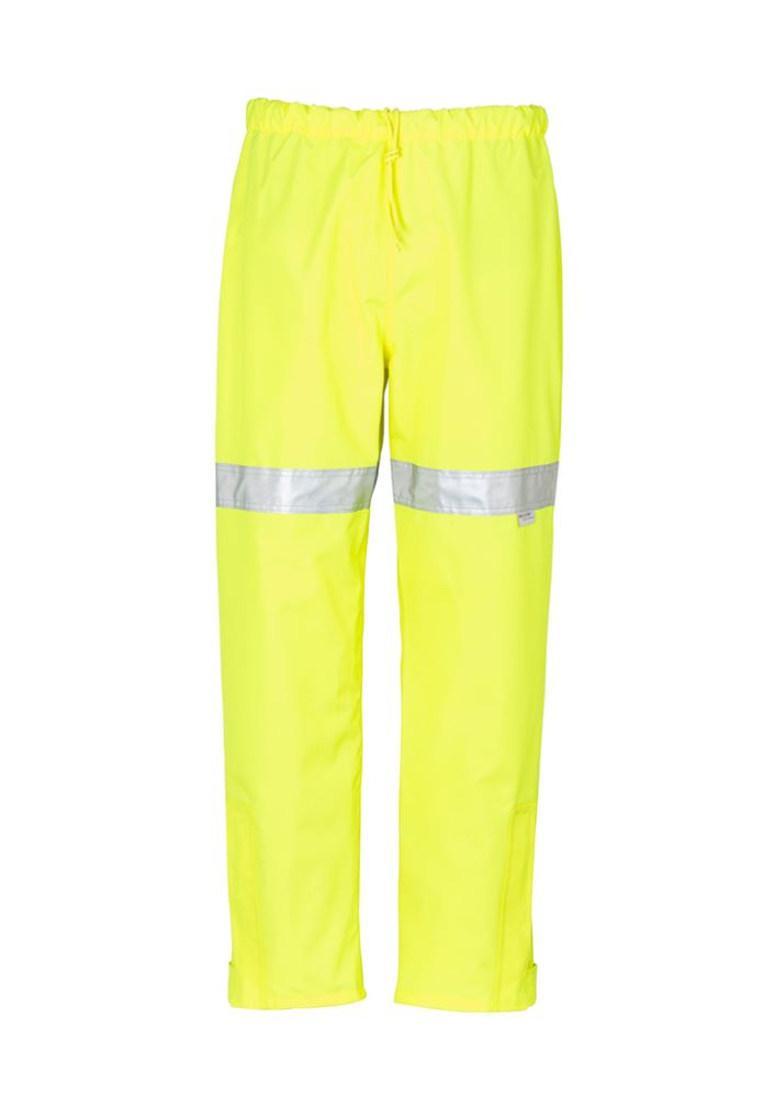 Men's yellow waterproof pants with elastic waist and ankle zip, featuring reflective tape for visibility in harsh weather.