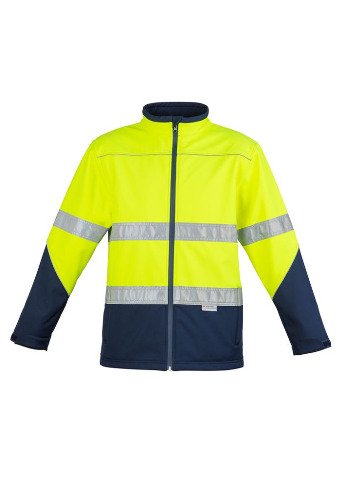 Unisex yellow/navy soft shell jacket with waterproof features, reflective details, and adjustable cuffs for work safety.