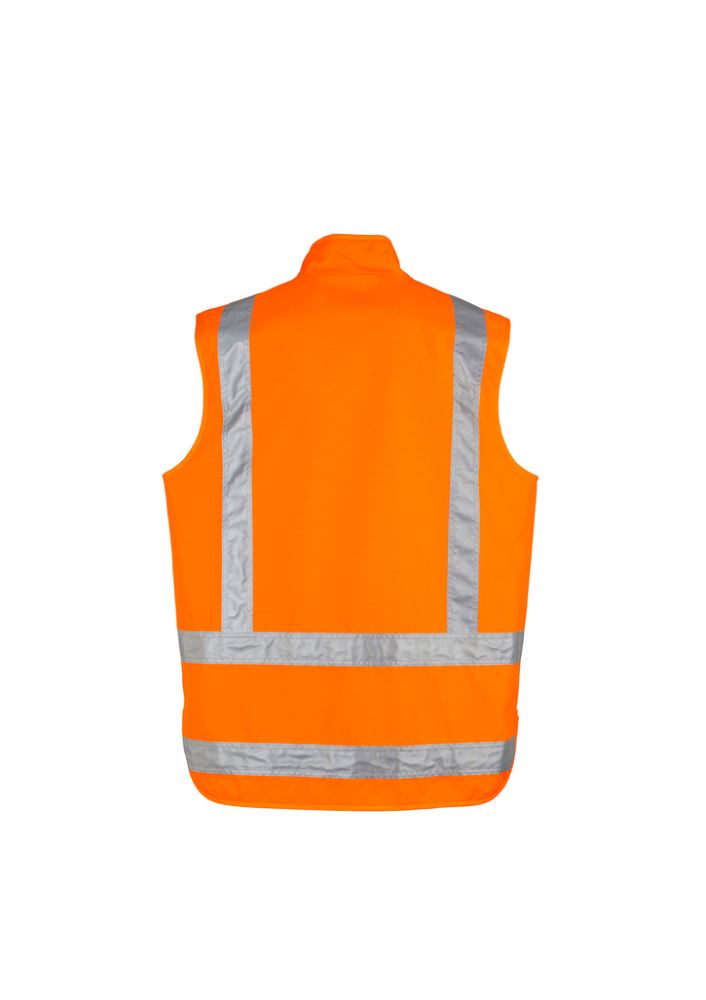 Bright orange fleece-lined vest for men, featuring reflective safety tape, mobile pocket, and durable 300D Oxford Polyester.