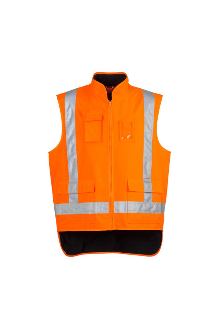 Men's orange fleece-lined safety vest with mobile pocket, reflective tape, and durable 300D Oxford Polyester for outdoor comfort.