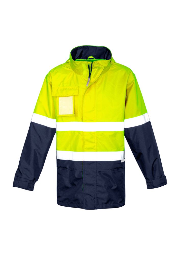 Men's ultralite waterproof jacket in yellow and navy, featuring a breathable mesh lining and reflective tape for visibility.