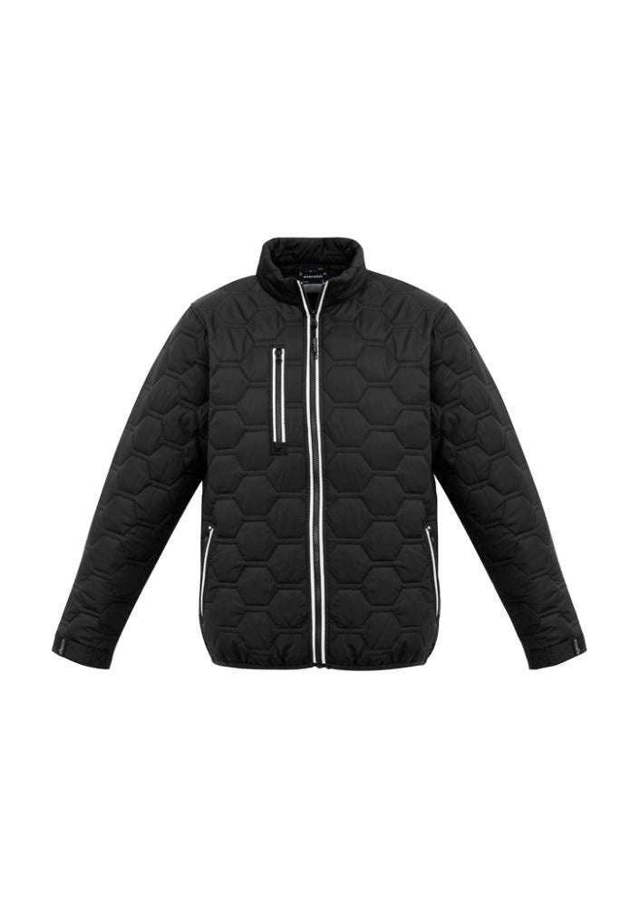 Unisex black hexagonal puffer jacket, 5XL, with water-resistant fabric, zip pockets, and adjustable cuffs for warmth and safety.