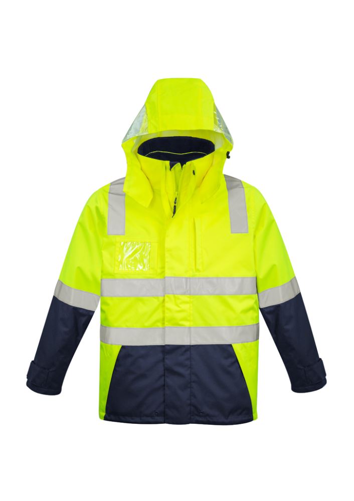 Men's Hi-Vis 4-in-1 Waterproof Jacket in Yellow/Navy, featuring 10,000mm waterproofing, reversible vest, and enhanced visibility.
