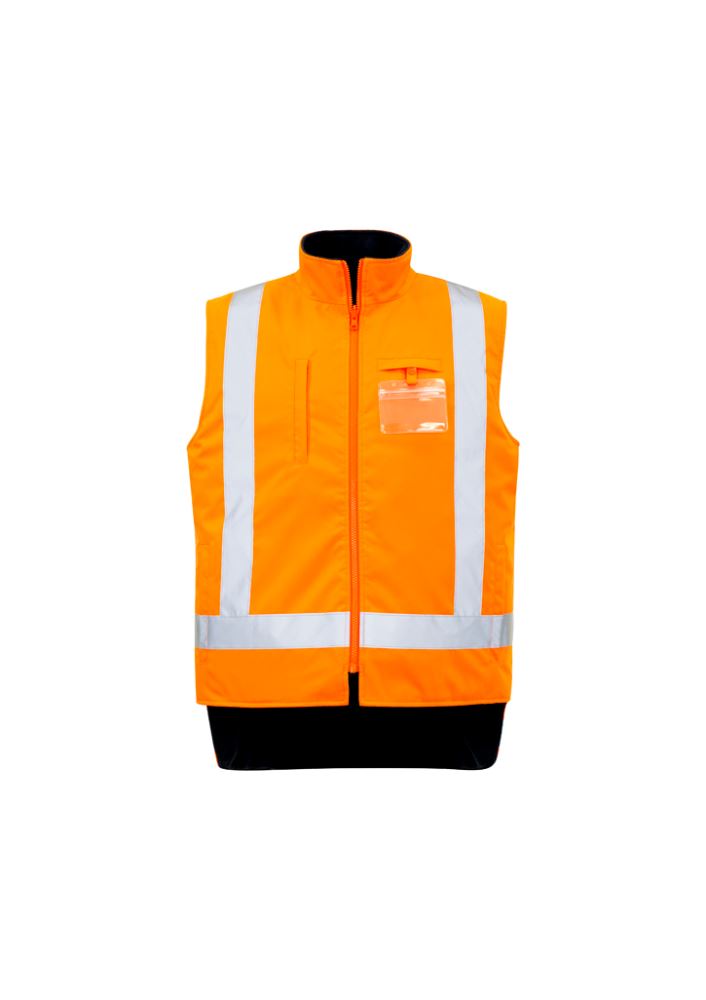 Mens 4-in-1 waterproof jacket in orange and navy, featuring a reversible vest and concealed hood for versatile outdoor protection.