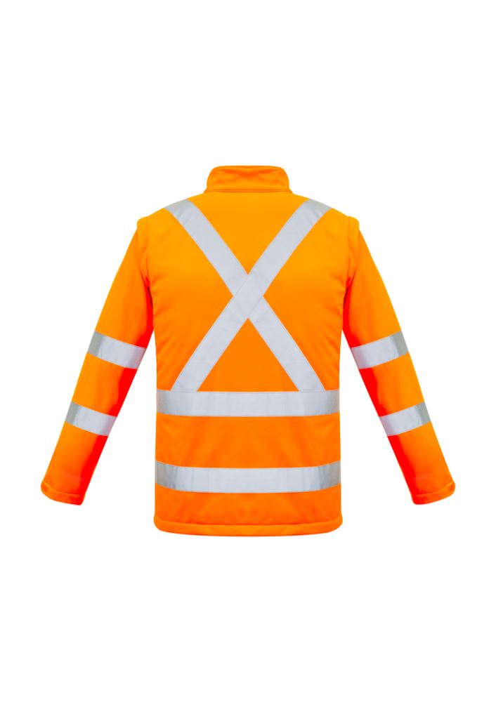 Unisex Hi-Vis orange soft shell jacket featuring removable sleeves, waterproof design, and enhanced visibility for safety.