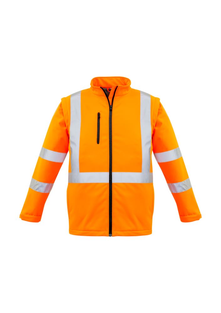 Vibrant orange unisex 2-in-1 soft shell jacket with zip-off sleeves, water-resistant, and enhanced visibility features.