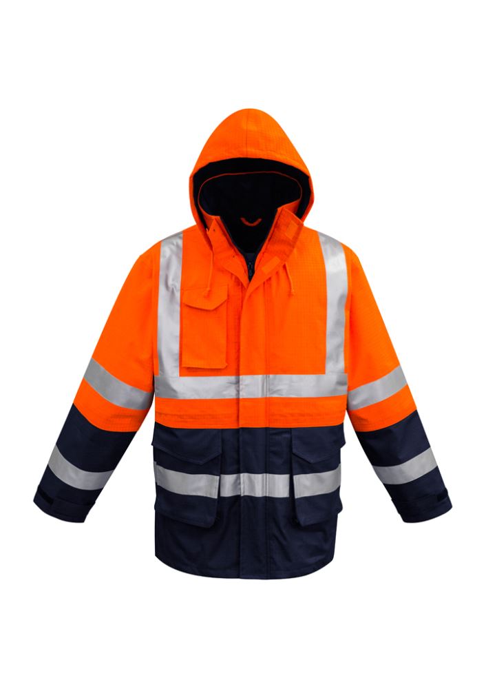 Men's FR Arc Rated Waterproof Jacket in Orange/Navy with reflective tape, heat-resistant zip, and multiple pockets for safety and utility.