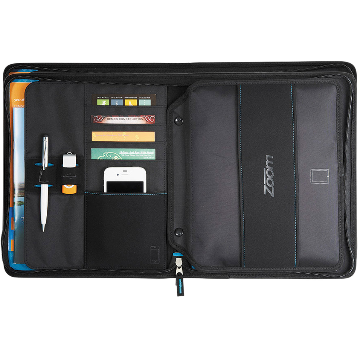 Compendium Zoom 2-in-1 Tech Sleeve JournalBook in durable nylon, with zip closure, sleeve for tablets, and multiple organization pockets.