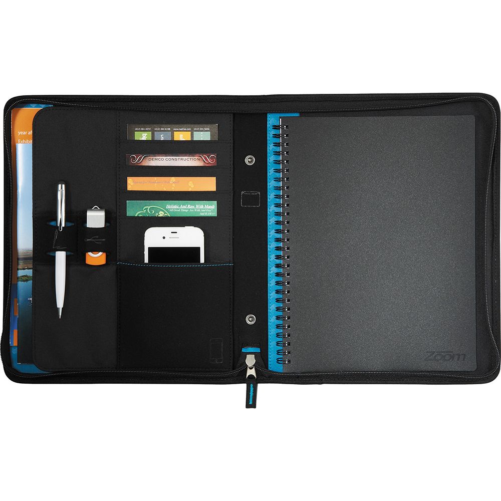 iPad Holder Tech Sleeve JournalBook Zoom 2-In-1 with zippered closure, removable sleeve, pockets, and included journal for organization.