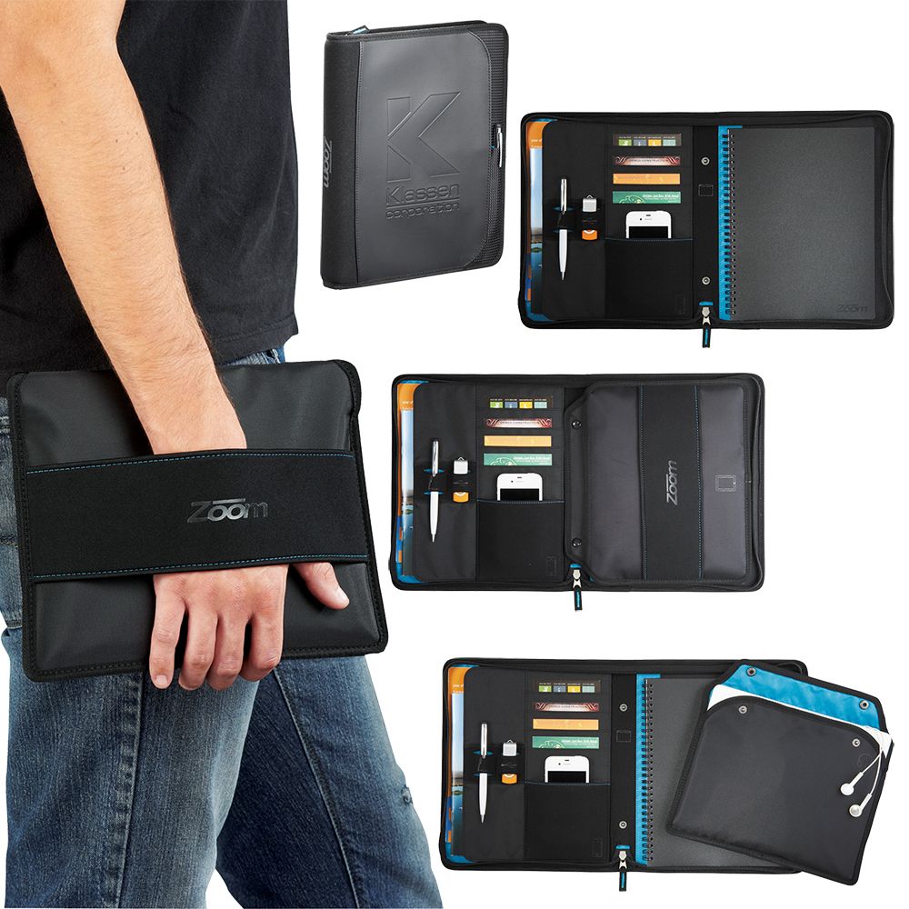 Versatile iPad and tablet holder journal with zip closure, multiple pockets, removable sleeve, and spiral-bound notes.