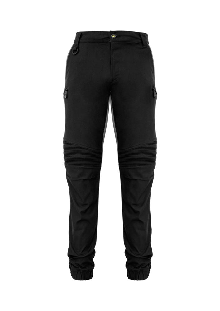 Men's black stretch pants featuring 4-way stretch panels, slim fit, and multiple secure pockets for style and comfort.