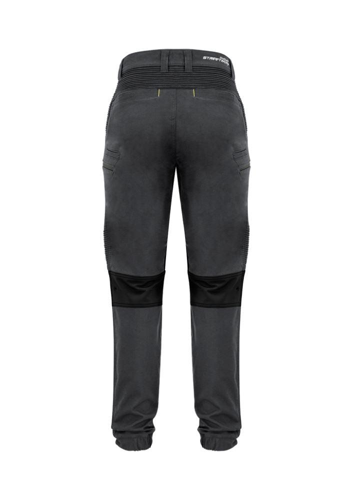 Men's charcoal stretch pants with 4-way stretch, slim fit, and multiple pockets, ideal for work and leisure.