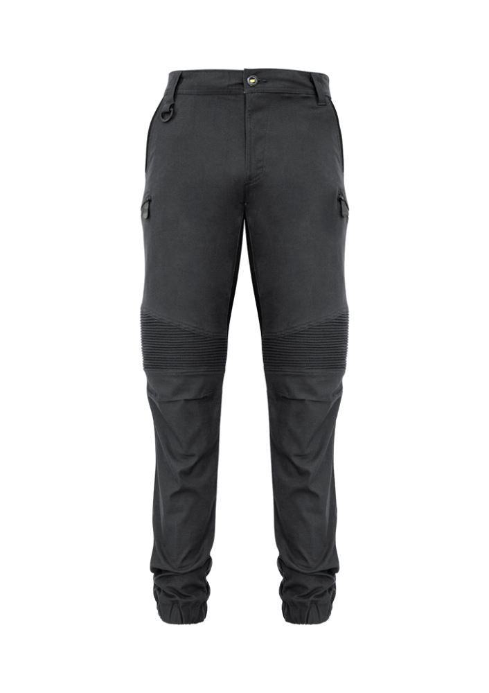Men's charcoal stretch pants by Syzmik, featuring 4-way stretch, multiple pockets, and a slim fit for comfort and mobility.