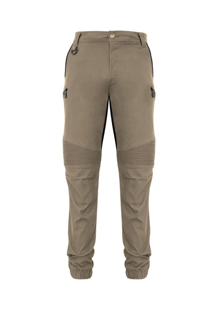 Men's khaki stretch pants by Syzmik featuring 4-way stretch, multiple pockets, and a modern slim fit for comfort and style.
