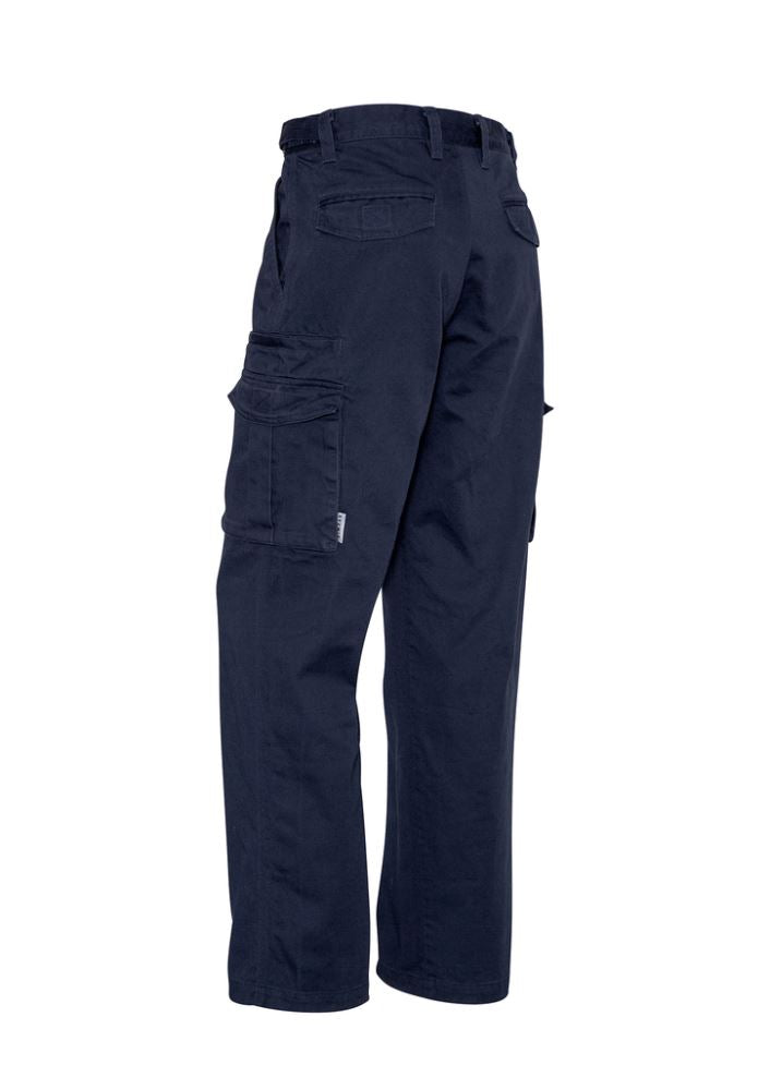 Men's Regular Navy cargo pants with 8 pockets, 100% cotton, adjustable waistband, and reinforced stress points for durability.