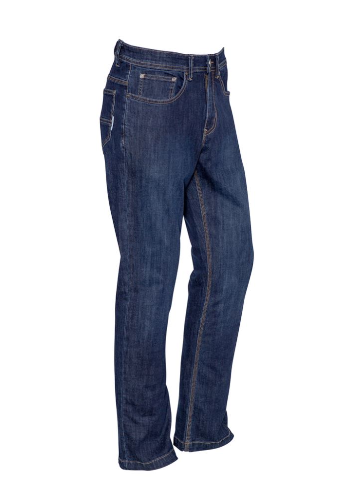 Syzmik Men's Stretch Denim Work Jeans in blue; durable, modern straight leg fit, 5 pockets, enzyme-washed for breathability.