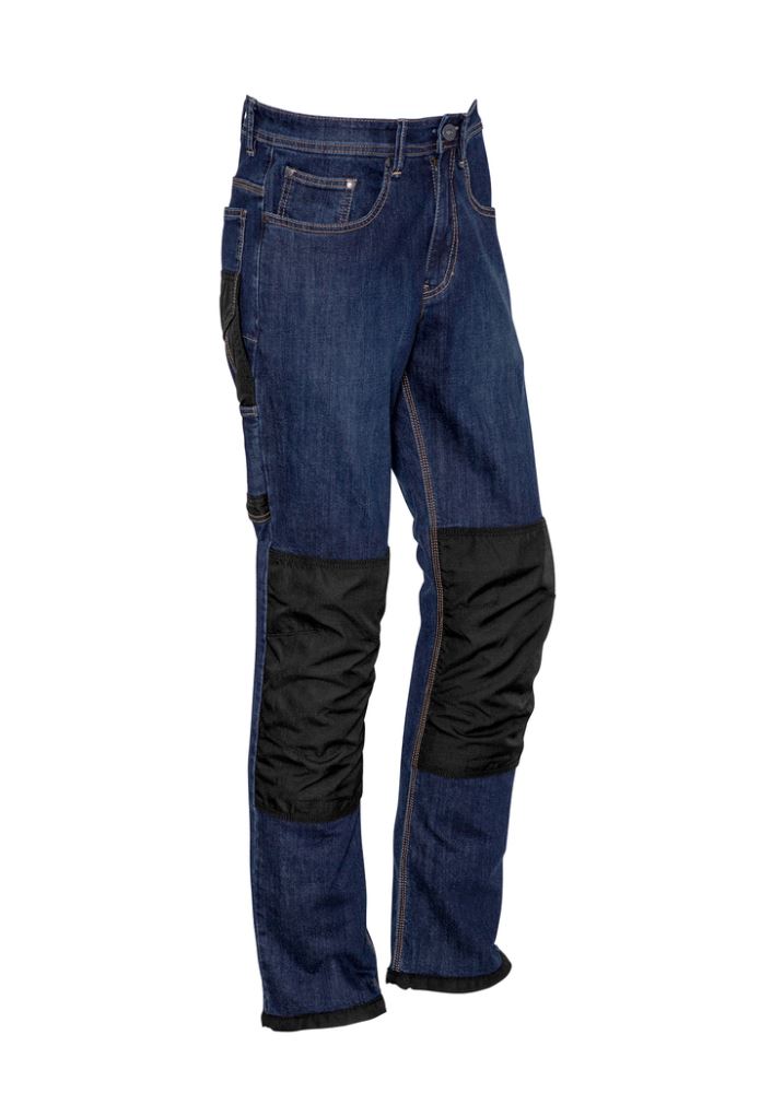 Men's heavy-duty Cordura stretch denim jeans in blue with knee patches, straight leg cut, and reinforced seams for durability.