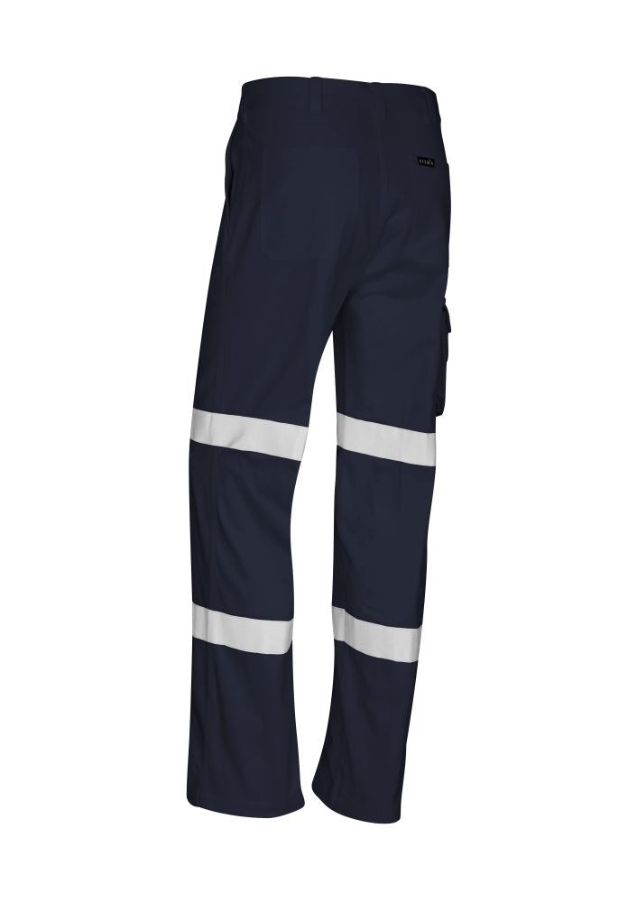Navy mens work pants with Bio Motion tape for safety, featuring multiple pockets and durable cotton drill construction.