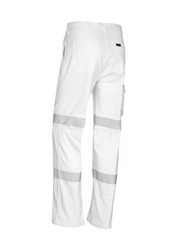 Mens Bio Motion Taped Pant in white, made from durable cotton drill, featuring visibility tape and multiple pockets for safety and utility.