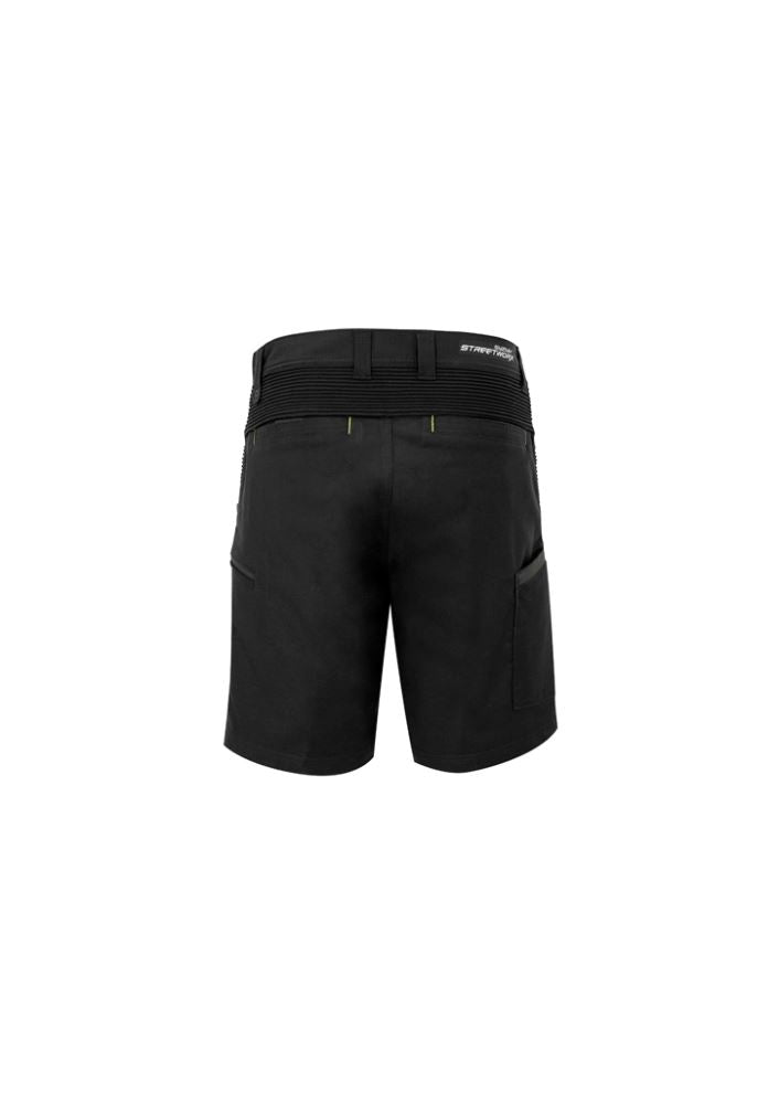 Men's black stretch shorts with 4-way stretch, multiple pockets, reflective waistband, and slim fit for comfort and style.