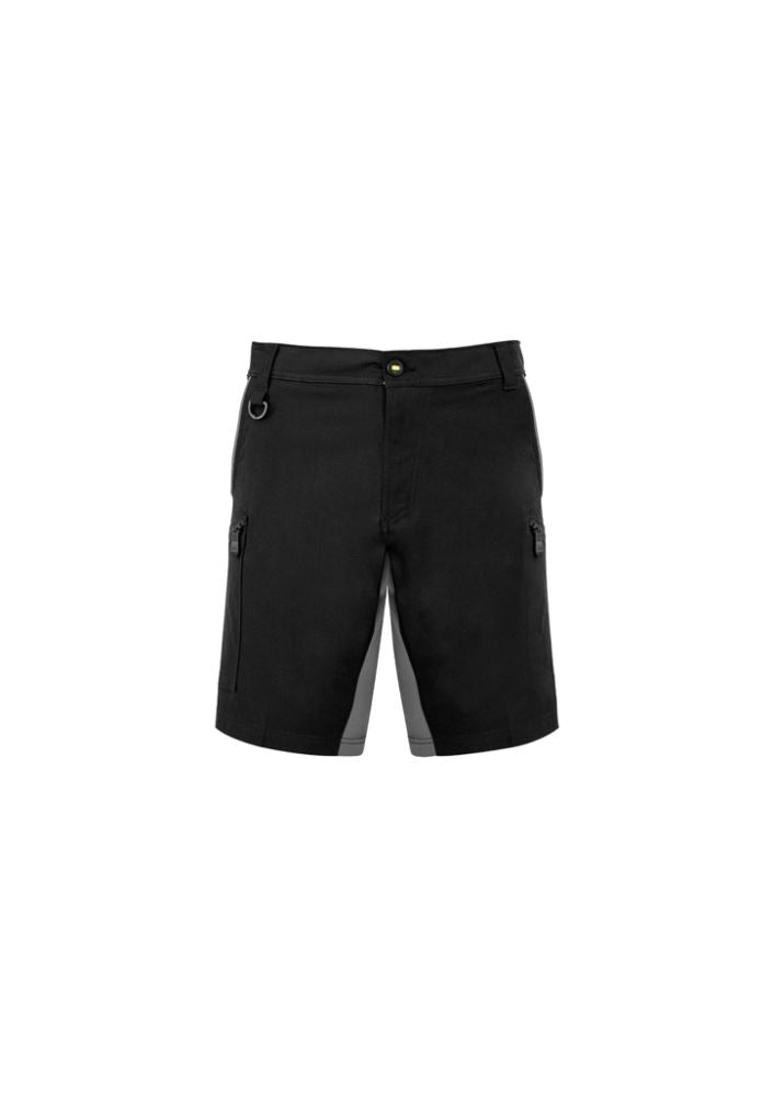 Men's black stretch shorts by Syzmik featuring 4-way stretch, multiple pockets, and reflective waistband for comfort and versatility.