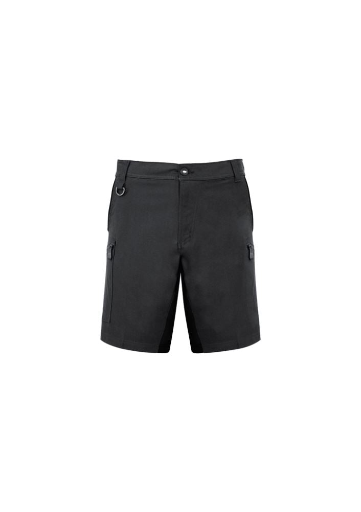 Men's charcoal stretch shorts from Syzmik, featuring 4-way stretch, multiple pockets, and a modern slim fit for comfort and style.