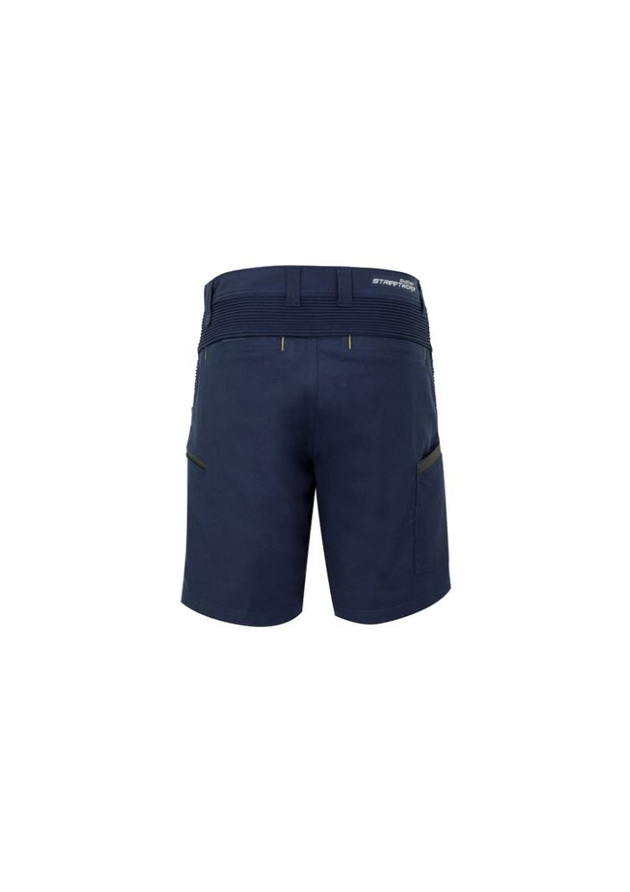 Men's navy stretch shorts by Syzmik featuring 4-way stretch, multiple pockets, and reflective prints for active lifestyles.