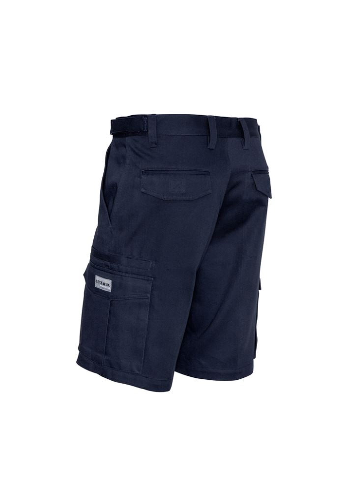 Men's navy cargo shorts featuring 8 pockets, adjustable waistband, durable 100% cotton, and reinforced for outdoor activities.