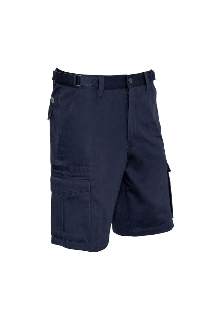 Men's navy cargo shorts from Syzmik featuring 8 pockets, adjustable waistband, reinforced seams, and durable cotton drill fabric.