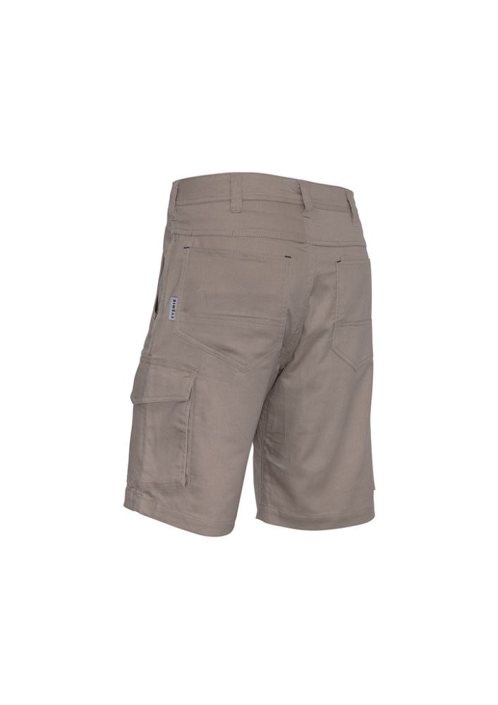 Khaki men's rugged cooling vented shorts with breathable fabric, six pockets, and reinforced durability for outdoor activities.