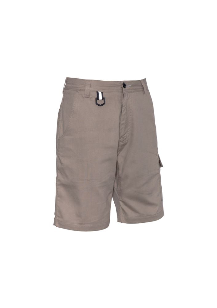 Men's khaki rugged cooling vented shorts with breathable fabric, mechanical stretch, and six multifunctional pockets.