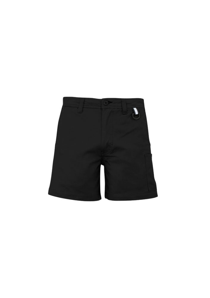 Men's black rugged cooling shorts with mechanical stretch, mobile pocket, and reinforced back pockets for outdoor comfort.