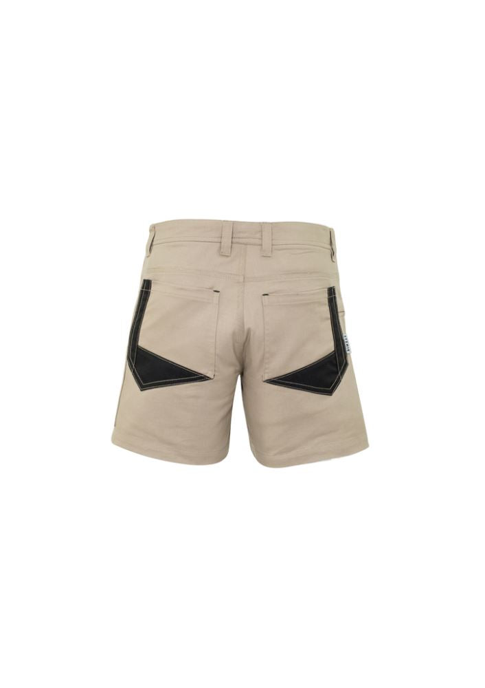 Khaki men's rugged cooling shorts featuring durable cotton ripstop, mechanical stretch, and reinforced pockets for outdoor wear.