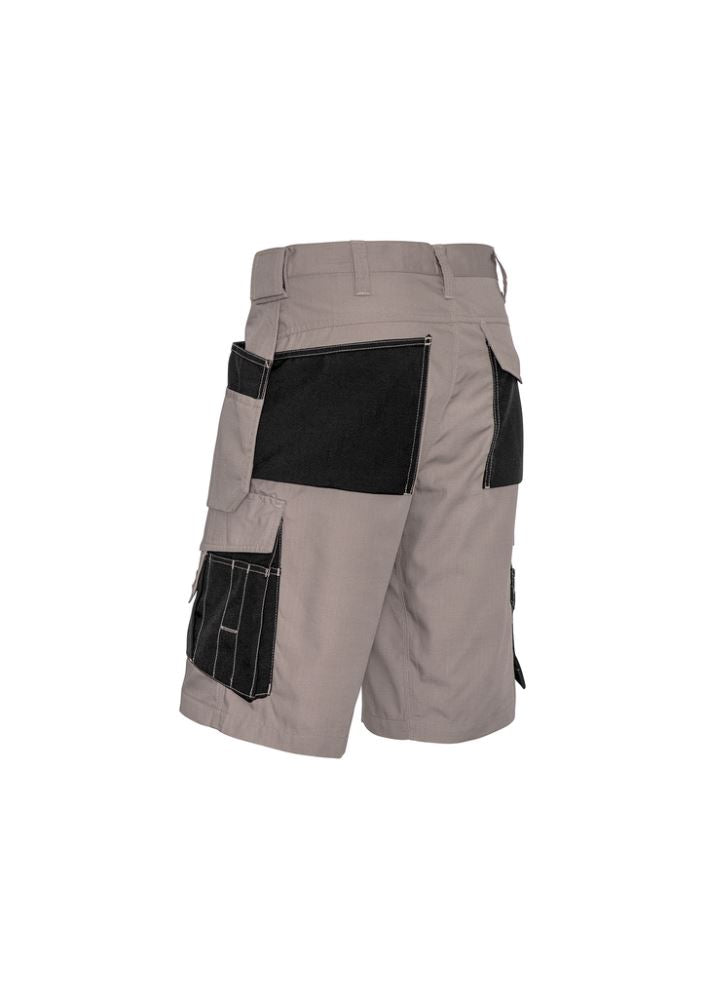 Men's khaki/black multi-pocket shorts featuring 15 pockets, Cordura® reinforcements, and durable ripstop fabric for work durability.