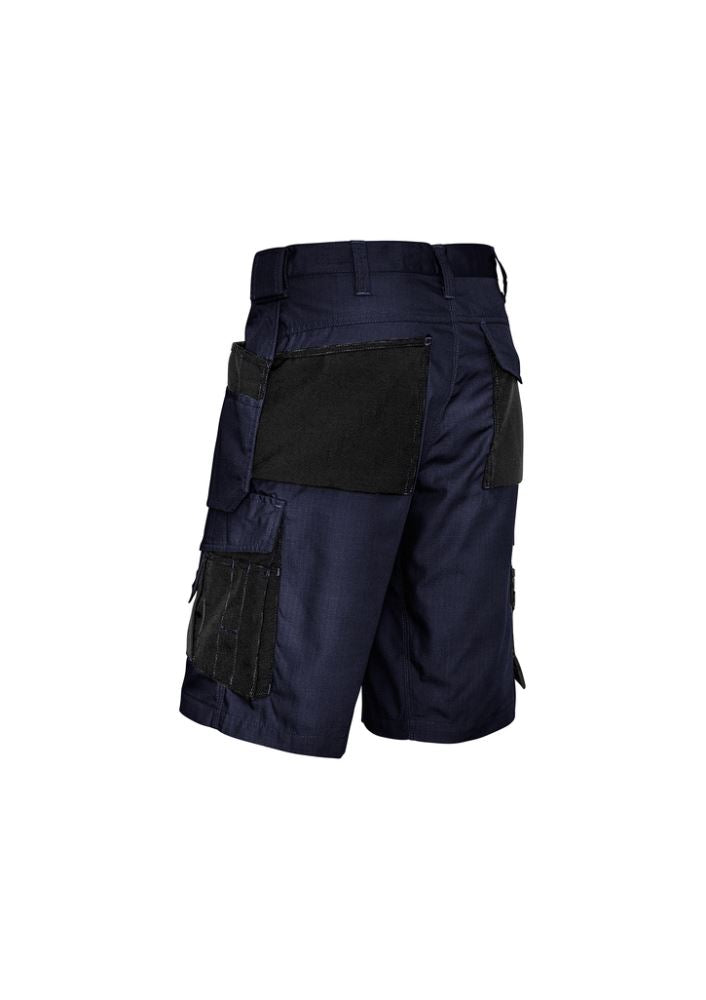 Men's navy and black multi-pocket shorts with durable ripstop fabric, featuring 15 pockets and swing away tool pockets for mobility.
