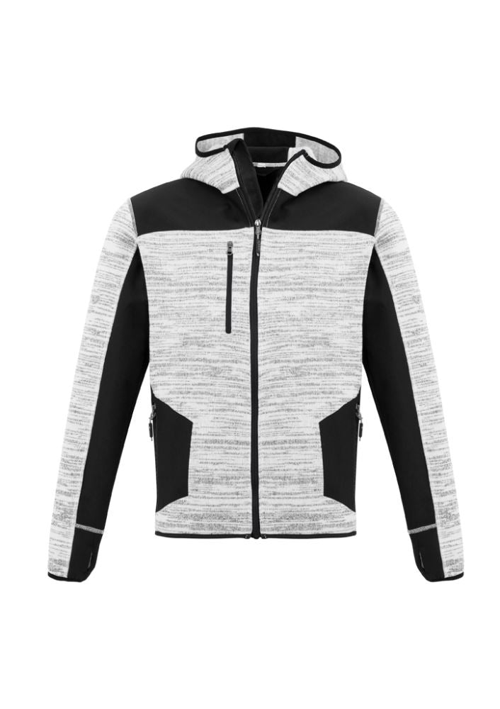 Unisex grey/black reinforced knit hoodie with thumb holes, zip pockets, and durable fabric for comfort and movement.