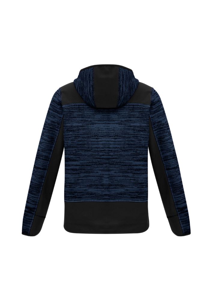 Unisex navy/black reinforced knit hoodie with thumb holes, zip pockets, and durable fabric for comfort and style.