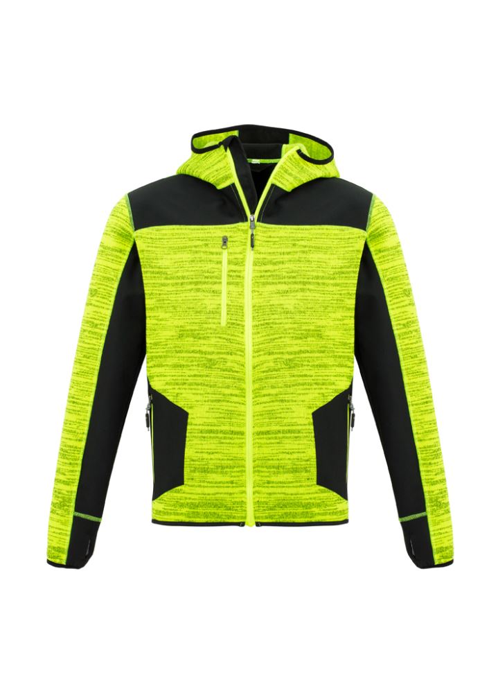 Unisex yellow and black reinforced knit hoodie with thumb holes, zip pockets, and durable fabric for style and comfort.