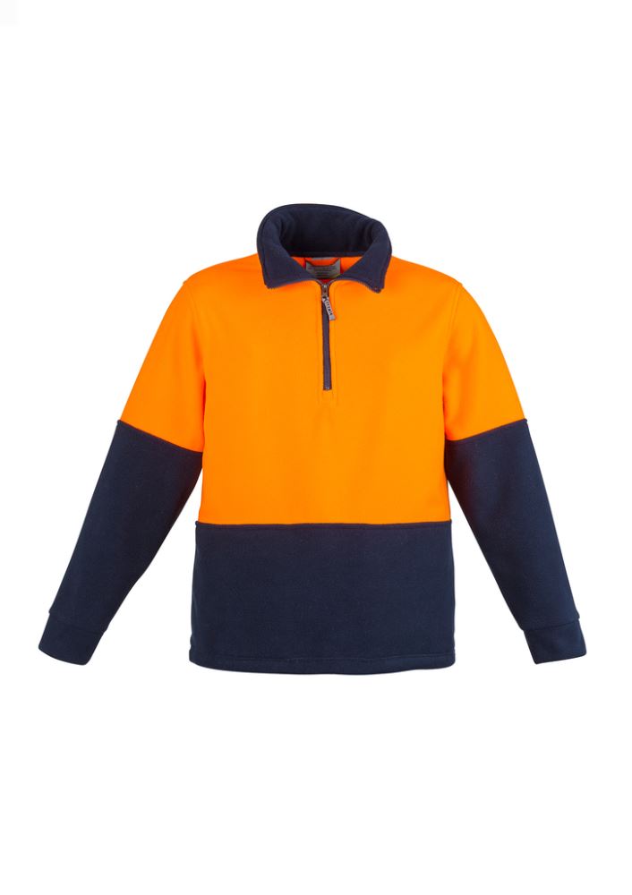 Unisex Hi-Vis Half Zip Fleece Jumper in orange and navy, featuring a warm fleece design with side pockets and adjustable ventilation.