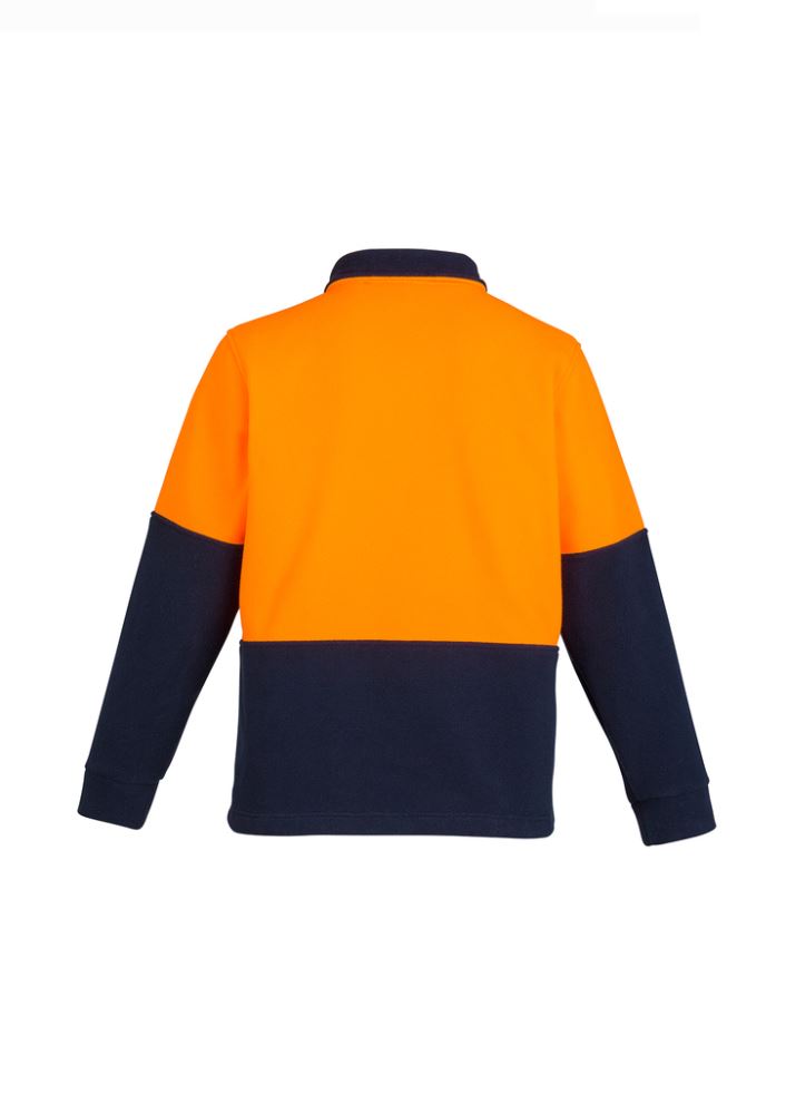 Unisex Hi-Vis Half Zip Fleece Jumper in orange and navy, featuring anti-pill fleece, half zip, and comfort cuffs for warmth.