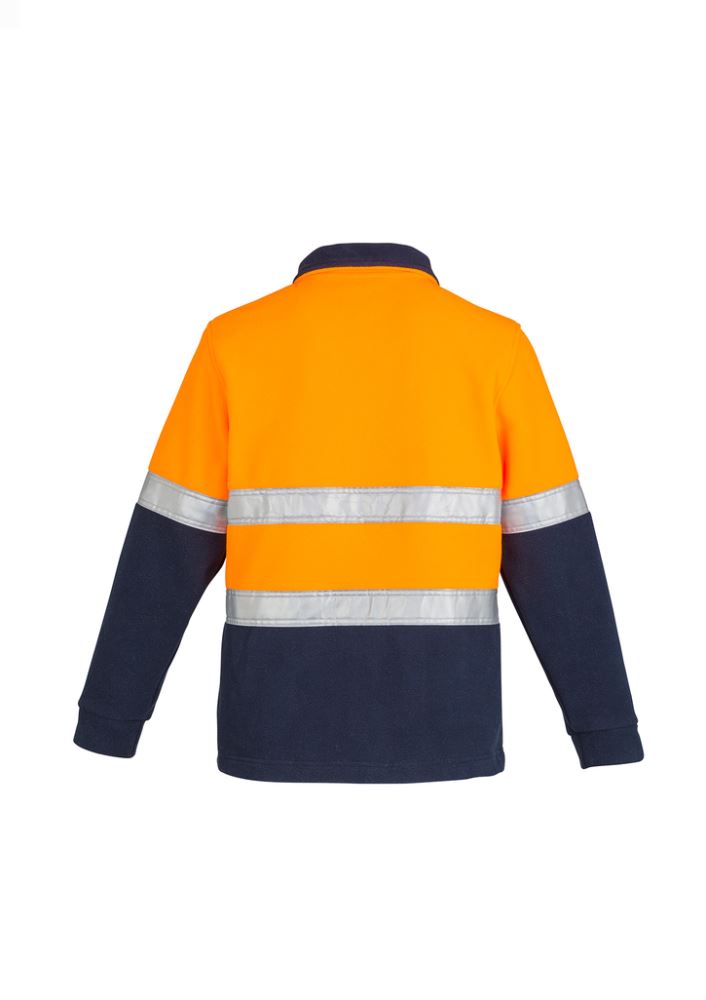 Men's Hi-Vis fleece jumper in orange and navy with reflective hooped tape, ideal for warmth and visibility at work.