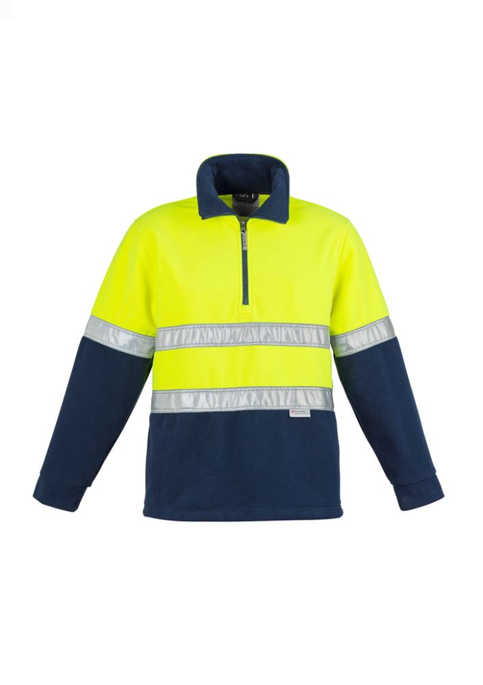 Hi-vis yellow and navy fleece jumper with hoop reflective tape, half zip, side pockets, and comfort cuffs for warmth.