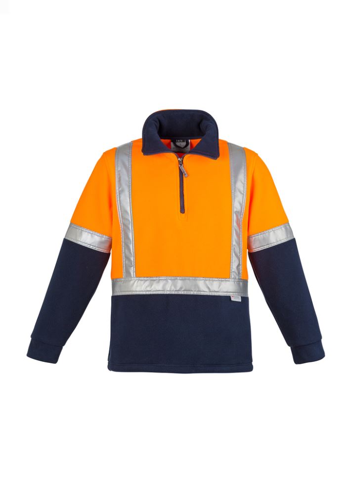 Men's Hi-Vis fleece jumper in orange and navy with reflective tape, half zip, and comfort cuffs for warmth and visibility.
