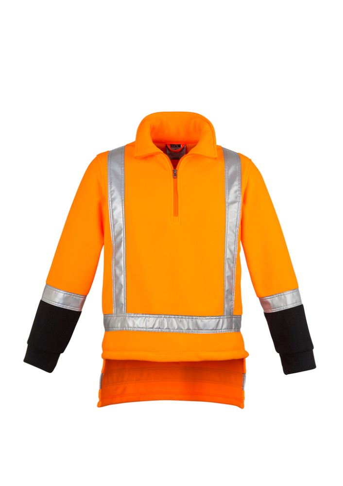 Vibrant orange men's fleece jumper featuring reflective tape, half zip, pockets, and comfort cuffs for warmth and visibility.