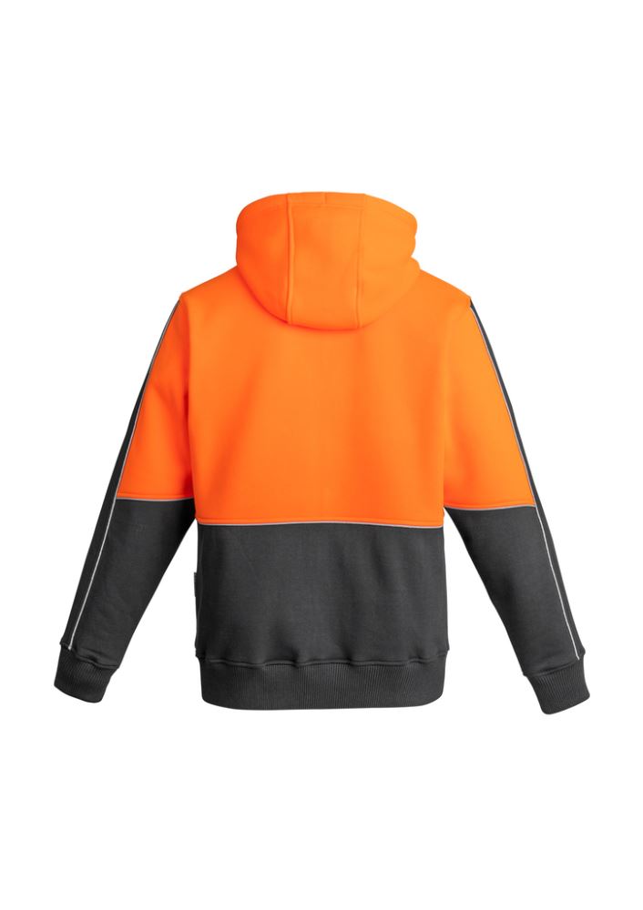 Hi-vis orange and charcoal full zip hoodie with reflective piping, zip pockets, and microfiber-lined hood for comfort and safety.