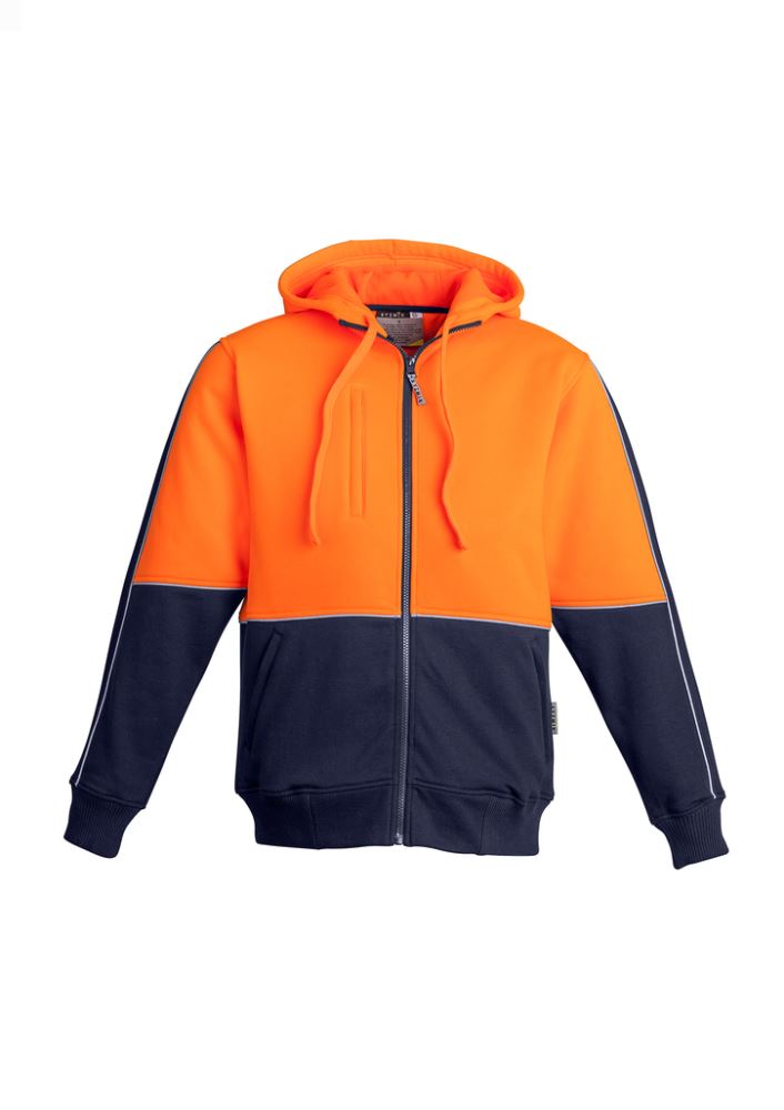 Hi-vis orange and navy full zip hoodie for men, featuring reflective detailing, comfy hood, and practical pockets. Size 4XL.