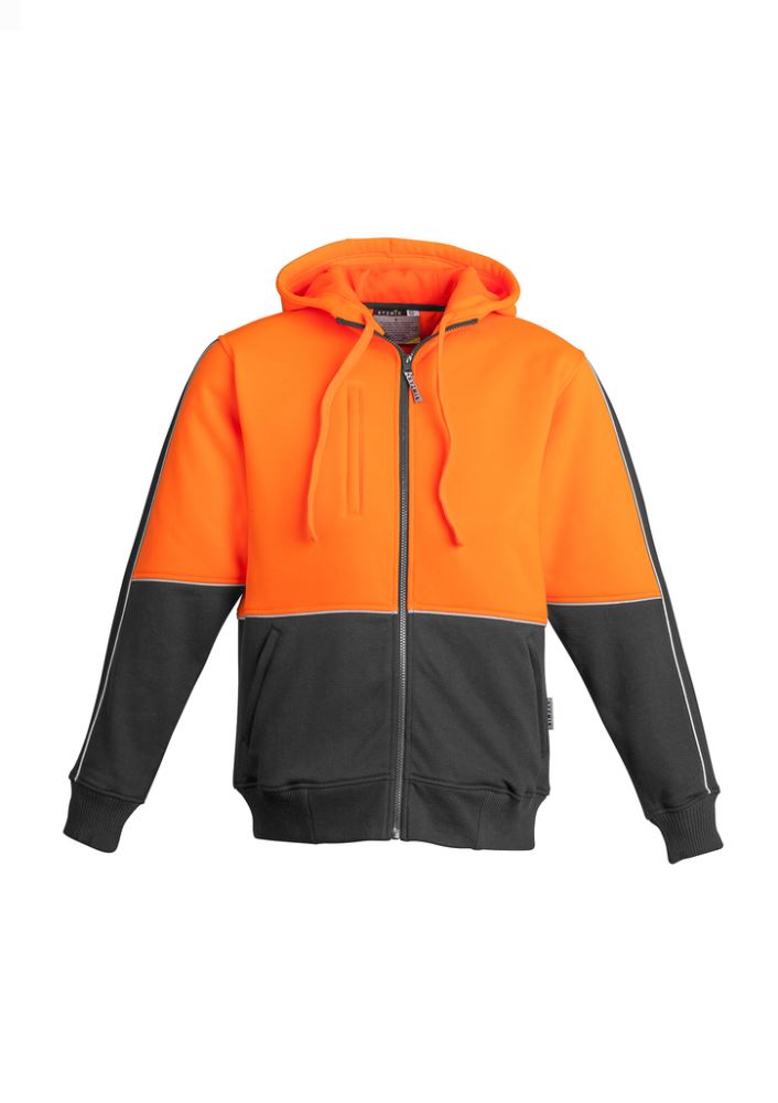 Men's Hi-Vis Full Zip Hoodie in Orange and Charcoal, featuring reflective details, mobile pocket, and zippered kangaroo pockets.