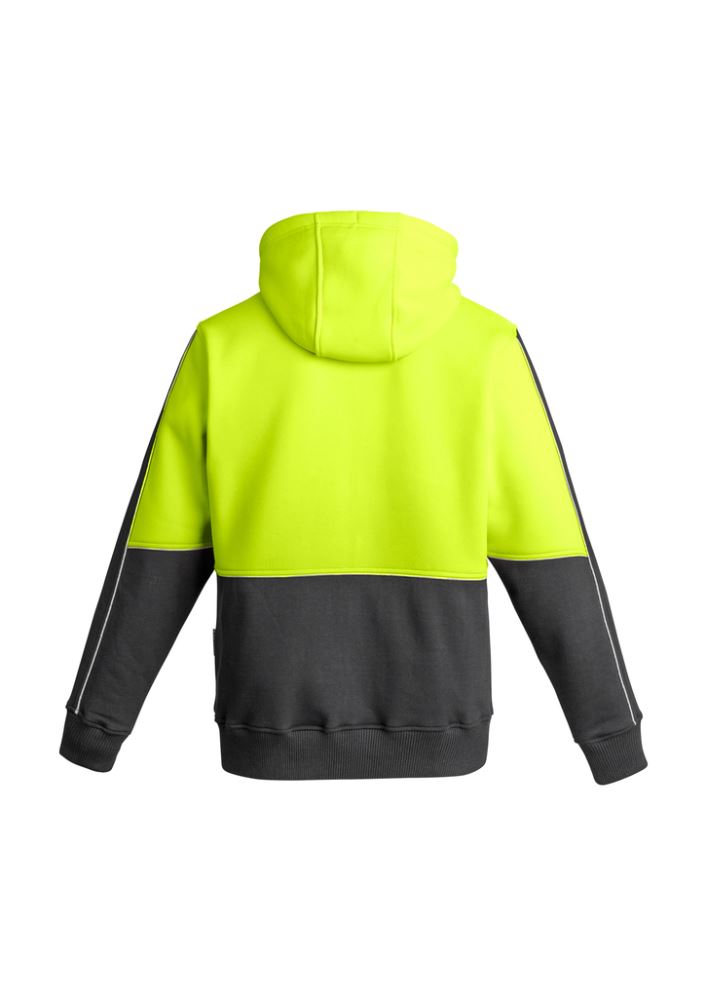 Hi-Vis Full Zip Hoodie in yellow and charcoal, featuring reflective piping, snug fit, and multiple secure pockets for work.