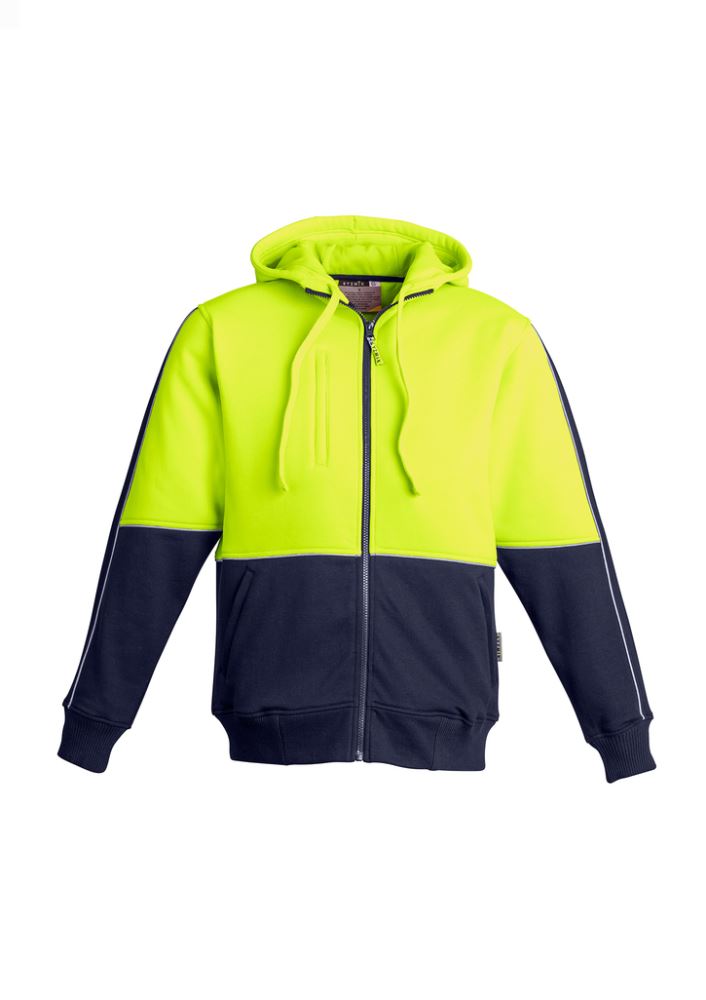 Hi-vis yellow and navy hoodie with full zip, reflective details, durable fabric, and practical pockets for work safety and comfort.